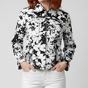 Jones New York Jacket Denim Floral Black White SP Lunch Brunch Date Office Chic